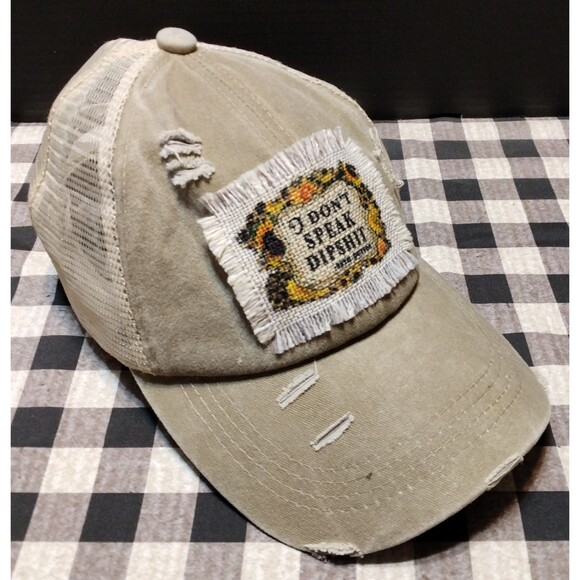 Distressed I Don't Speak Dipshit Beth Dutton Mesh Ponytail Cap Trucker Hat Khaki - Picture 8 of 16